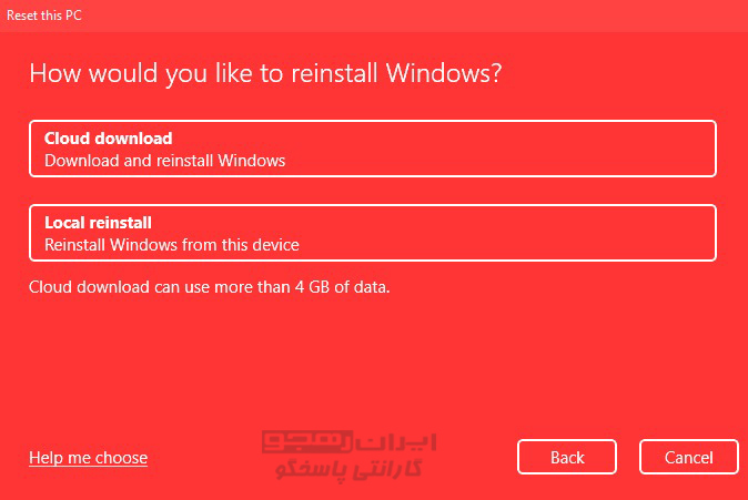اگر ویندوز از پیش نصب شده است، reinstall را انتخاب کنبد.